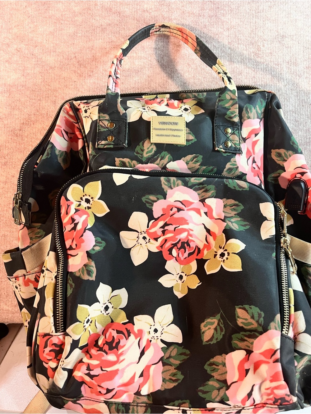 Source Unknown Black Floral Backpack Tote - Pink Rose Print